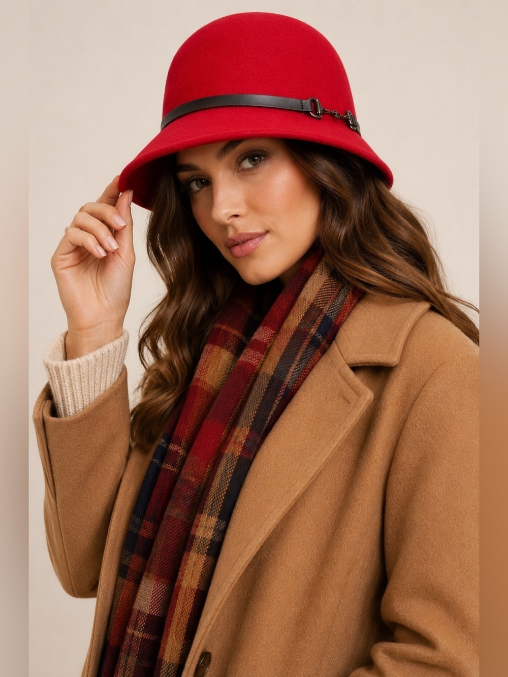 Red Wool Cloche Hat Black Faux Leather Band & Silver Bit Accent Bucket Hat